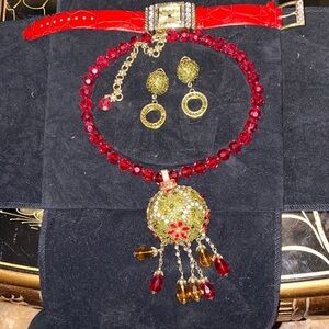 Gorgeous Heidi Daus Red and Gold Holiday Sparkle Necklace, Earings and Watch Set